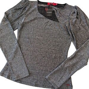 n: Philanthropy Black & Silver Delia Metallic Puffy Long Sleeve Top Size M NWT
